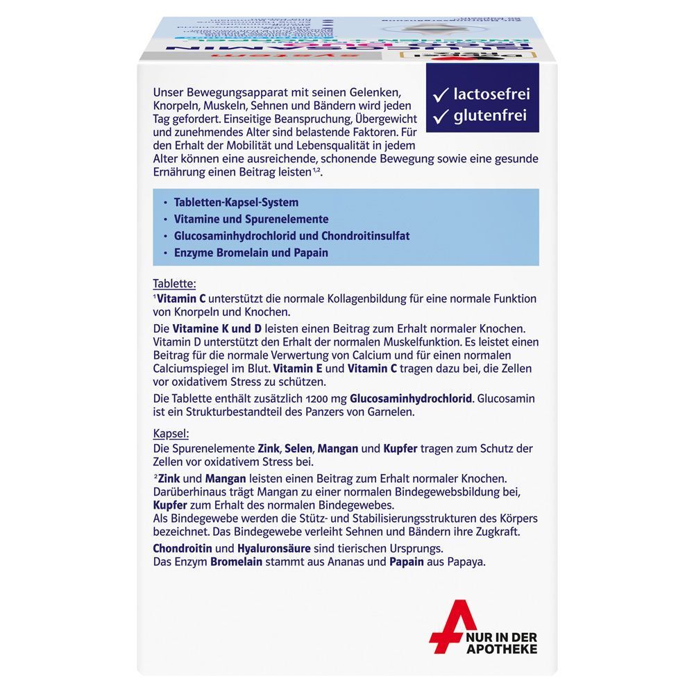 Text auf weißem Hintergrund. Informationen zu Inhaltsstoffen und deren Wirkung. Enthält Lactosefrei und Glutenfrei. Apothekenlogo.