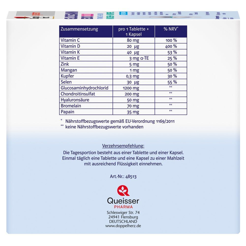 Zusammensetzungstabelle pro Tablette + Kapsel. Enthält Vitamin C, D, K, E, Zink, Mangan, Kupfer, Selen, Glucosaminhydrochlorid, Chondroitinsulfat, Hyaluronsäure.