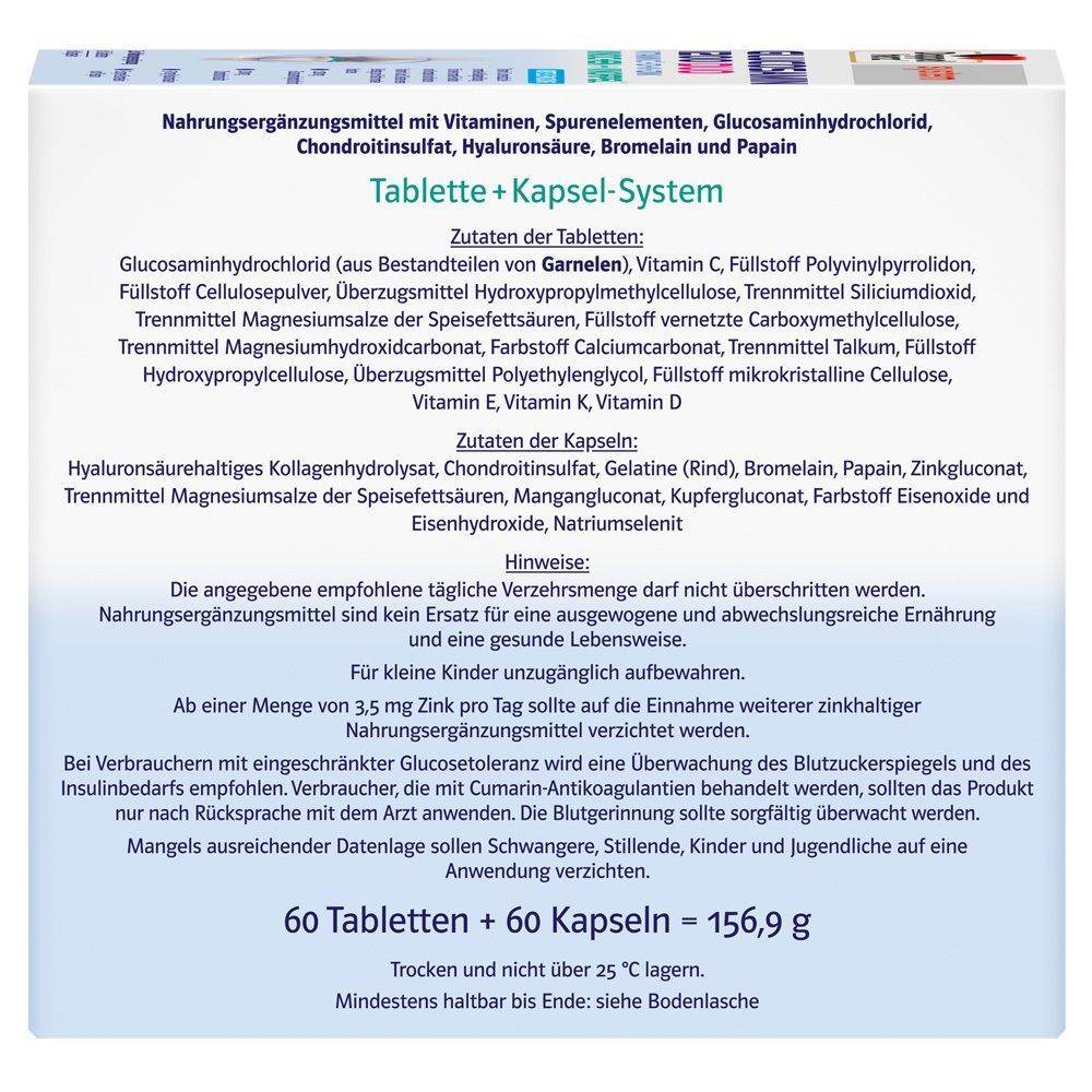 Text auf weißem Hintergrund. Inhaltsstoffe: Tabletten + Kapseln. Enthält Glucosaminhydrochlorid, Vitamine, Spurenelemente, Chondroitinsulfat, Hyaluronsäure.