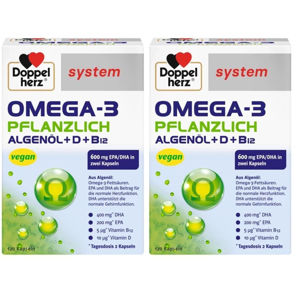 Zwei Packungen Doppelherz Omega-3 pflanzlich. Weiße Schachteln mit grünen und gelben Elementen. Vegan.