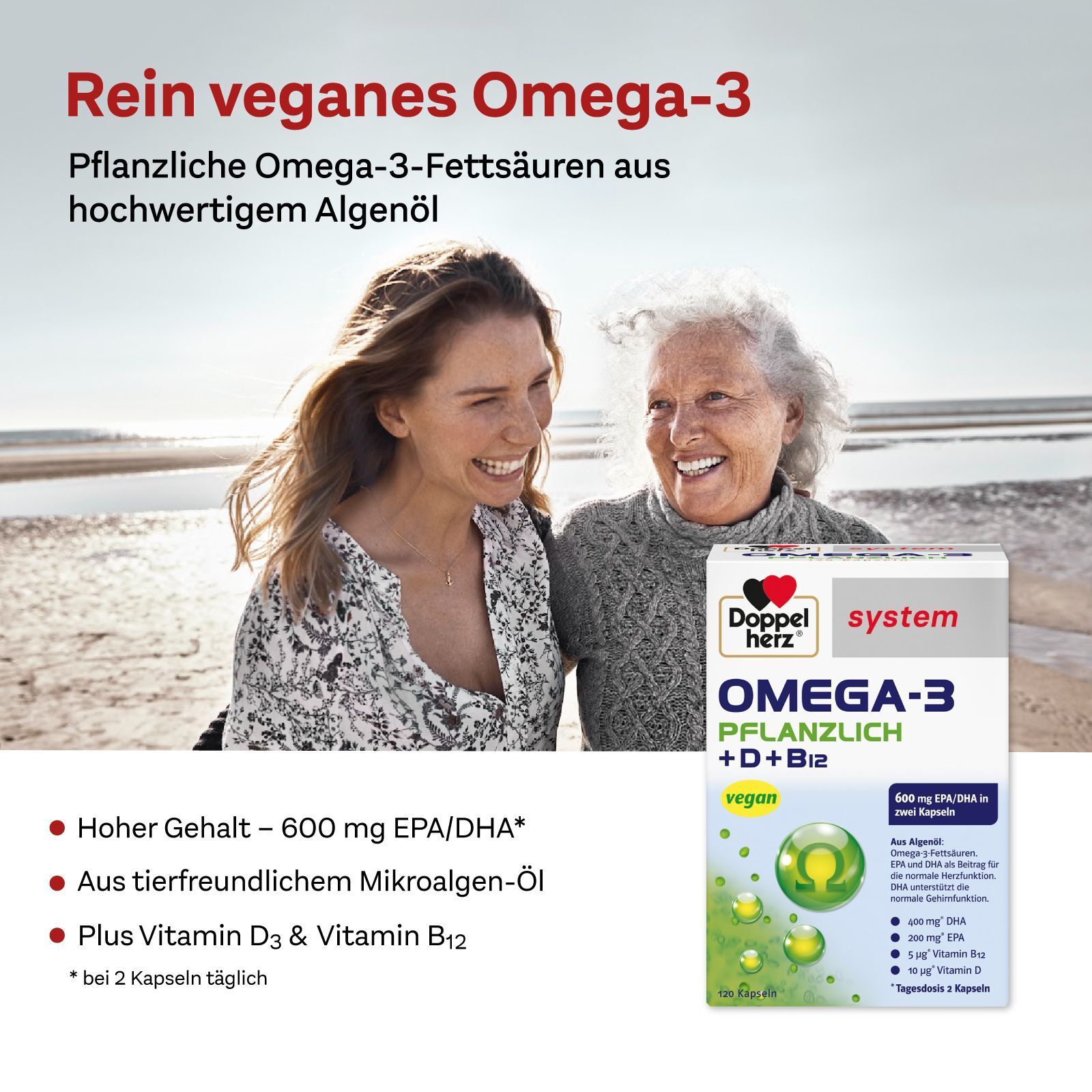 Frauen am Strand. Eine hält eine Packung Doppelherz Omega-3 pflanzlich. Text: Rein veganes Omega-3.