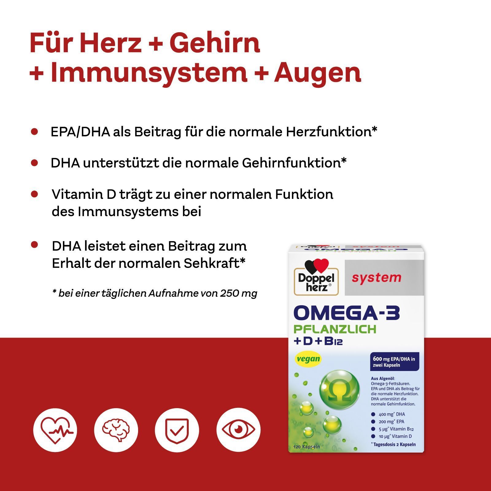 Grafik mit Text: Für Herz + Gehirn + Immunsystem + Augen. Packung Doppelherz Omega-3 pflanzlich.