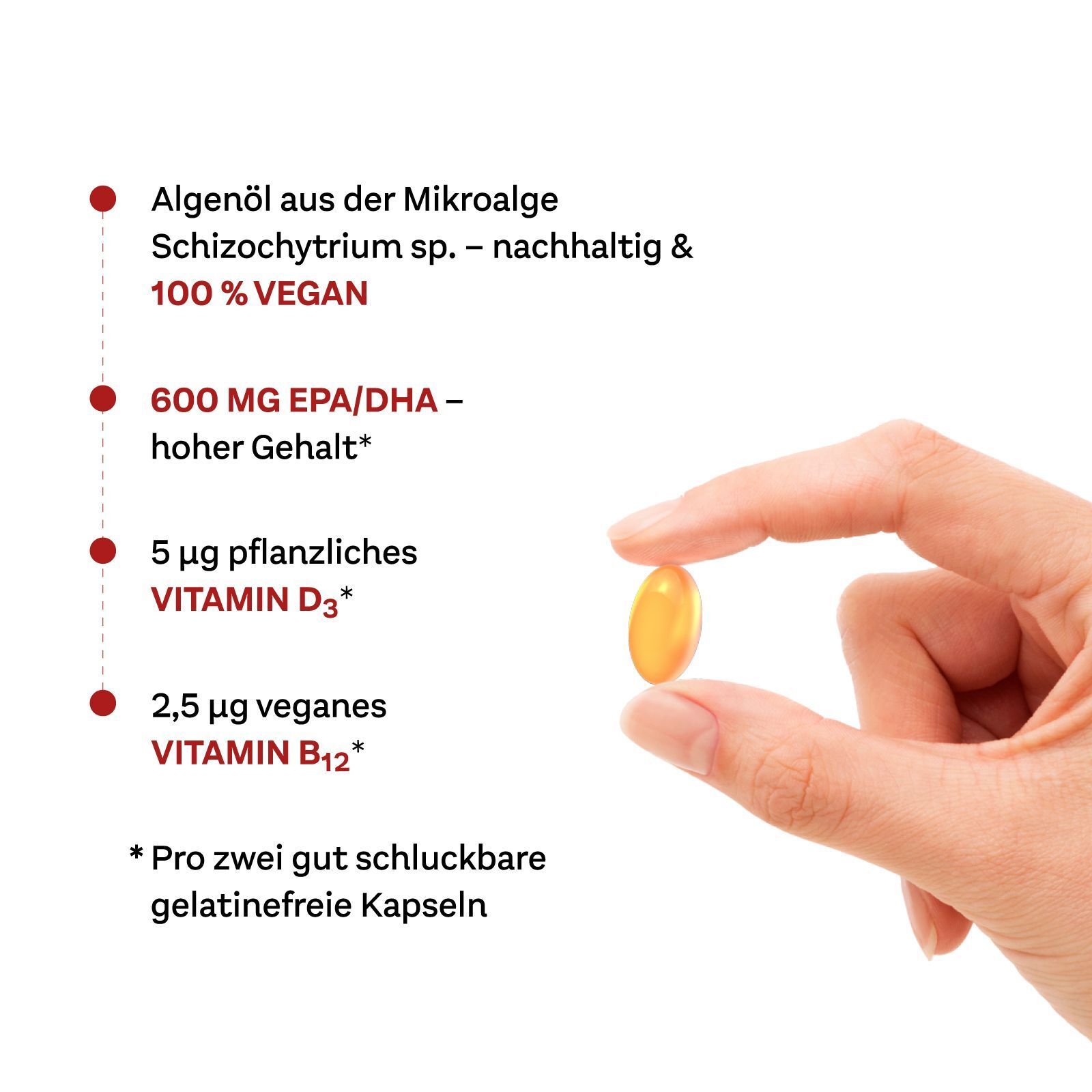Hand hält Kapsel. Text: Algenöl, 600 mg EPA/DHA, Vitamin D3, Vitamin B12. Gelbe Kapsel.