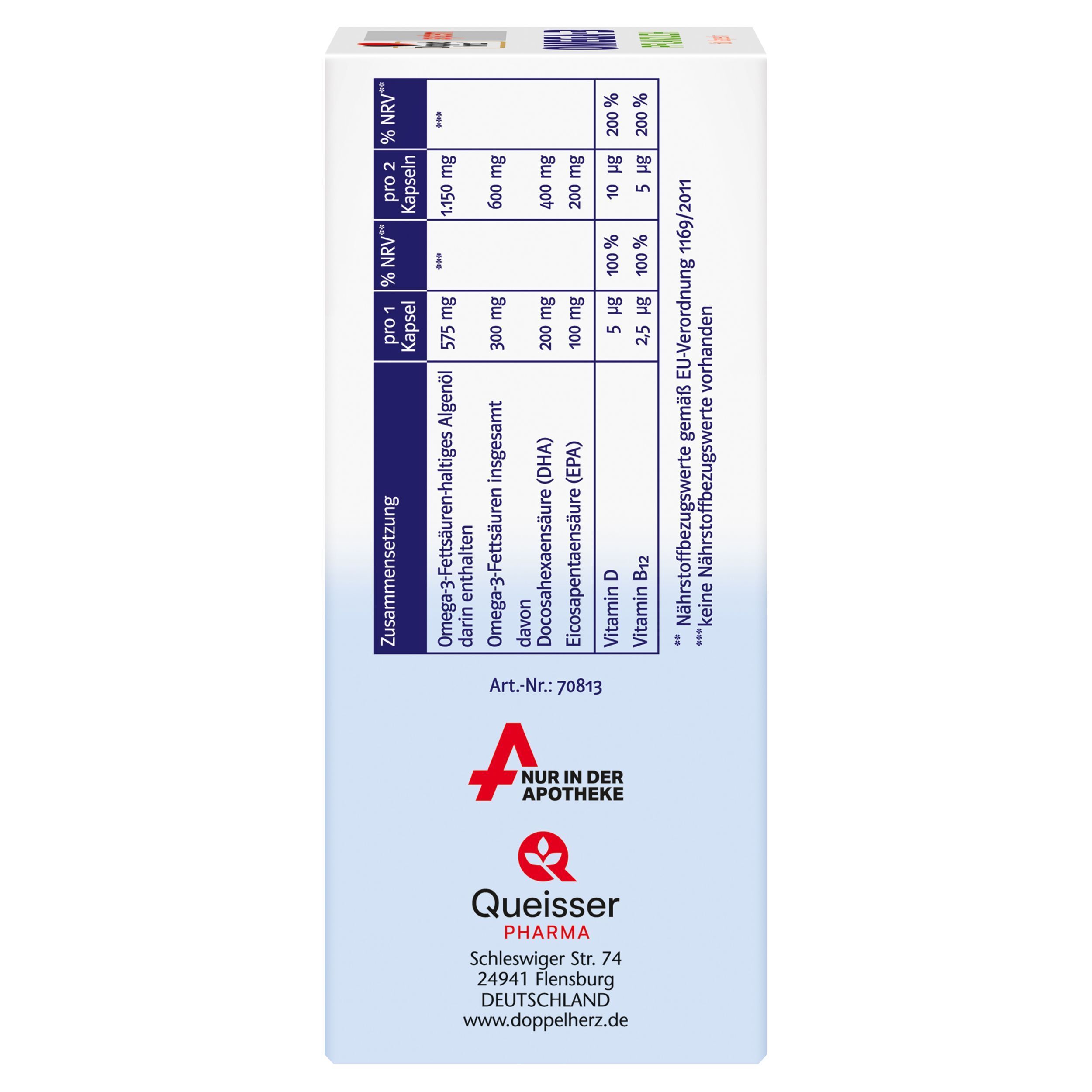 Nährwerttabelle und Kontaktinformationen von Queisser Pharma. Logo: Apotheken-Symbol.