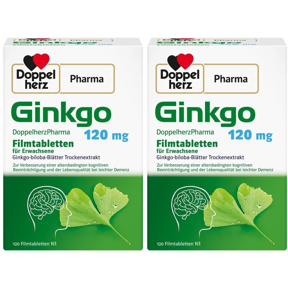 Zwei Packungen Doppelherz Ginkgo 120 mg Filmtabletten. Weiße Schachteln mit grüner Schrift. Aufdruck: Ginkgo, 120 mg, für Erwachsene.
