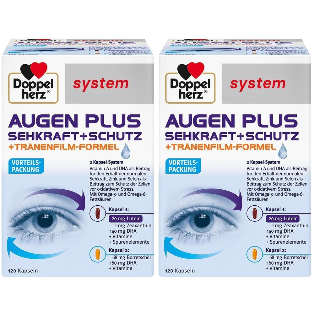 Zwei Packungen Doppelherz® system AUGEN PLUS SEHKRAFT + SCHUTZ. Aufschrift: 120 Kapseln. Vorteilspackung. Augen-Illustration.