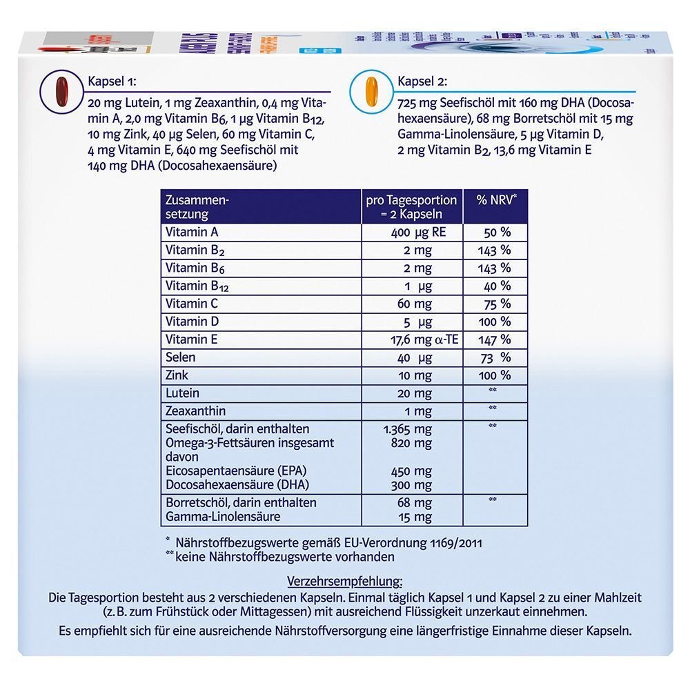 Detailansicht der Inhaltsstoffe von Doppelherz® system AUGEN PLUS SEHKRAFT + SCHUTZ. Tabelle mit Nährwertangaben pro Kapsel.