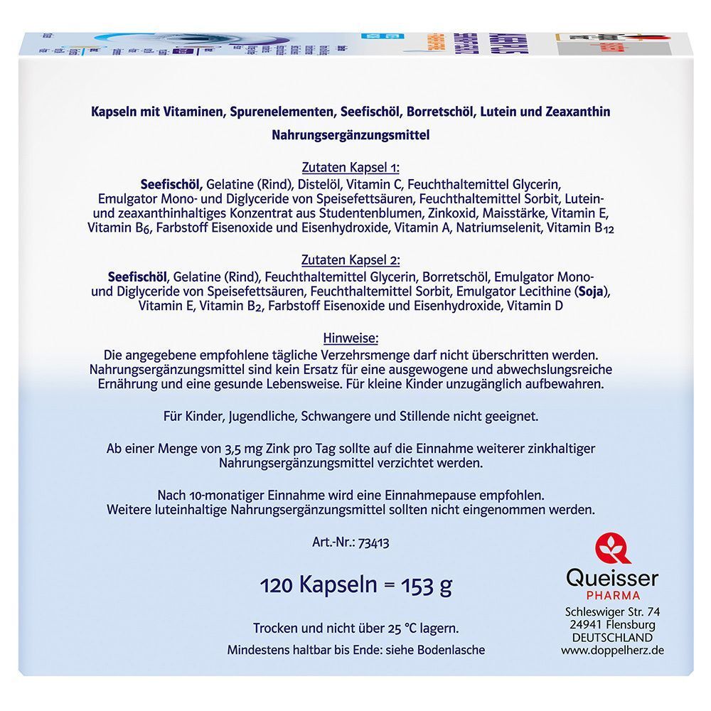 Rückseite der Doppelherz® system AUGEN PLUS SEHKRAFT + SCHUTZ-Packung. Auflistung der Zutaten und Hinweise.