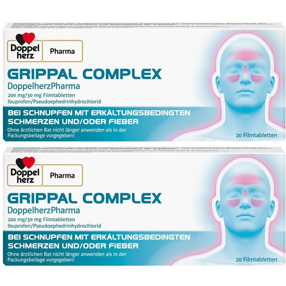 Zwei Packungen GRIPPAL COMPLEX, DoppelherzPharma. Weiße Schachteln mit Produktnamen, Inhaltsangaben und Abbildung eines Gesichts.