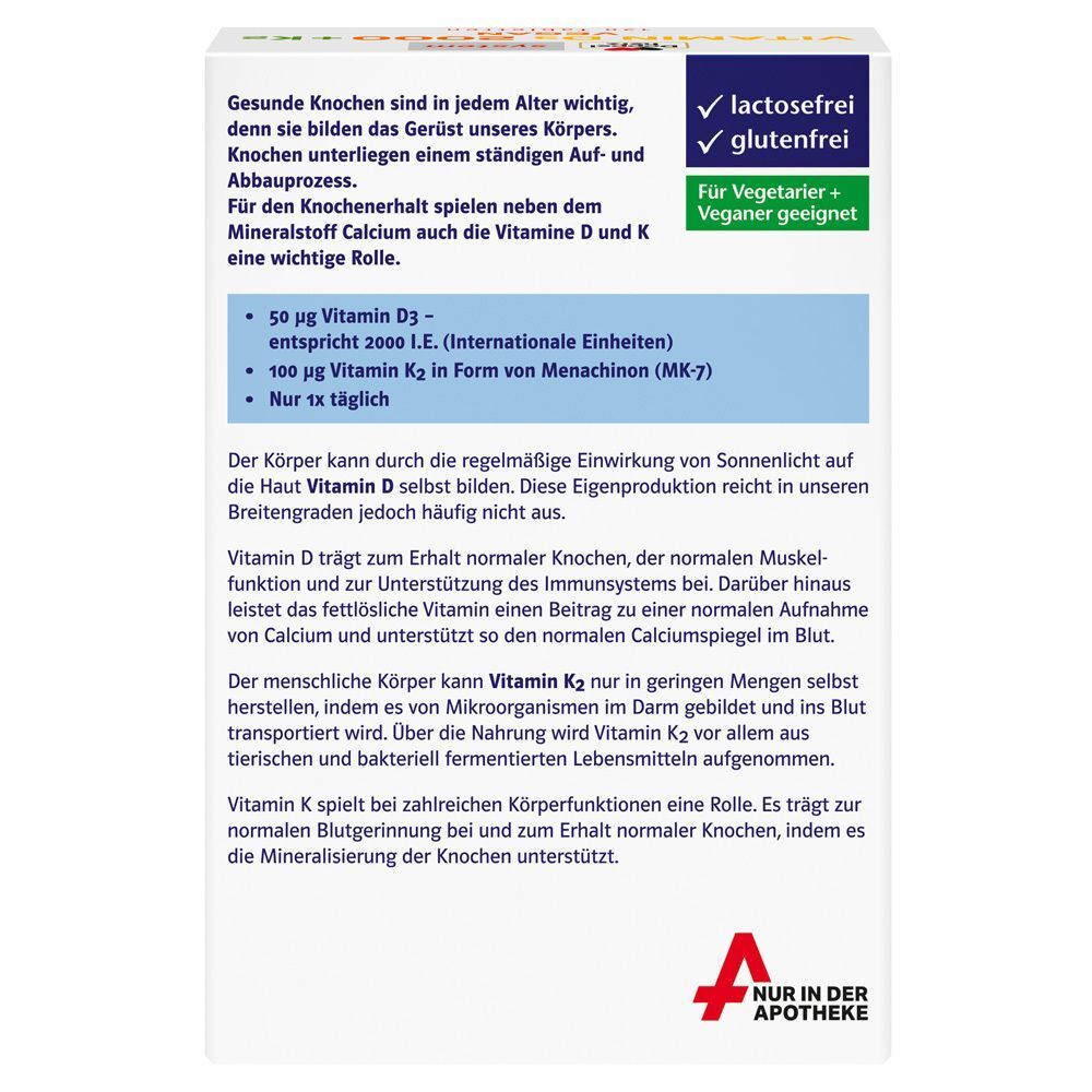 Rückseite der DOPPELHERZ Vitamin D3 + K2 Packung. Text über Knochengesundheit, Inhaltsstoffe und Hinweise. Apotheken-Logo.