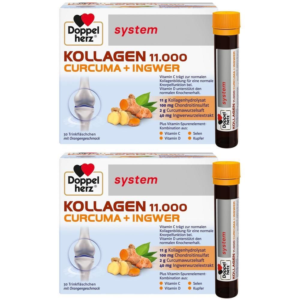 Zwei Packungen Doppelherz system KOLLAGEN 11.000 CURCUMA + INGWER. Daneben zwei Trinkfläschchen mit orangenem Deckel.