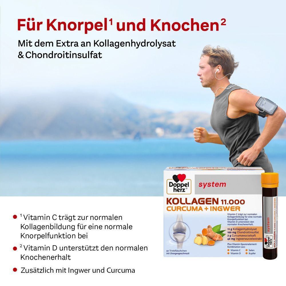 Mann joggt. Neben ihm eine Packung und ein Trinkfläschchen Doppelherz system KOLLAGEN 11.000 CURCUMA + INGWER.
