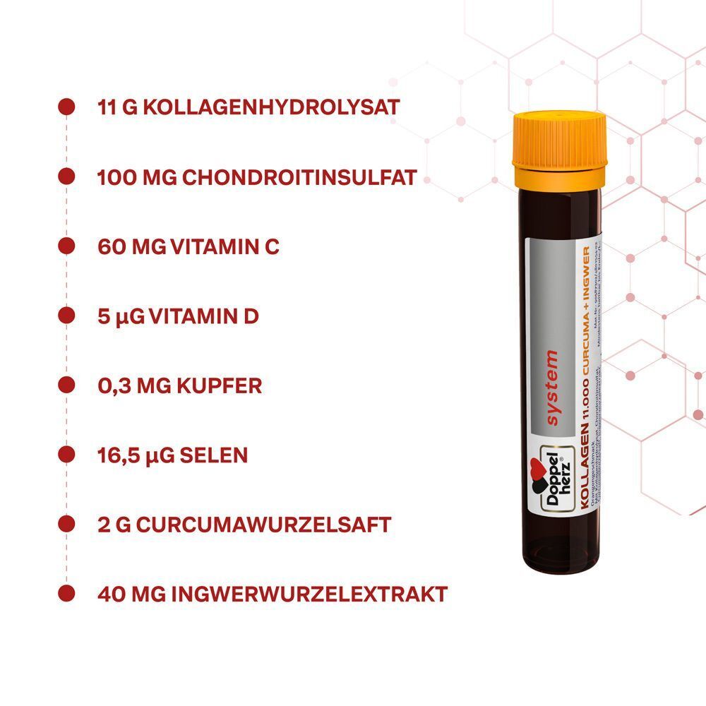 Trinkfläschchen mit orangenem Deckel. Aufschrift: system KOLLAGEN 11.000 CURCUMA + INGWER. Auflistung der Inhaltsstoffe.