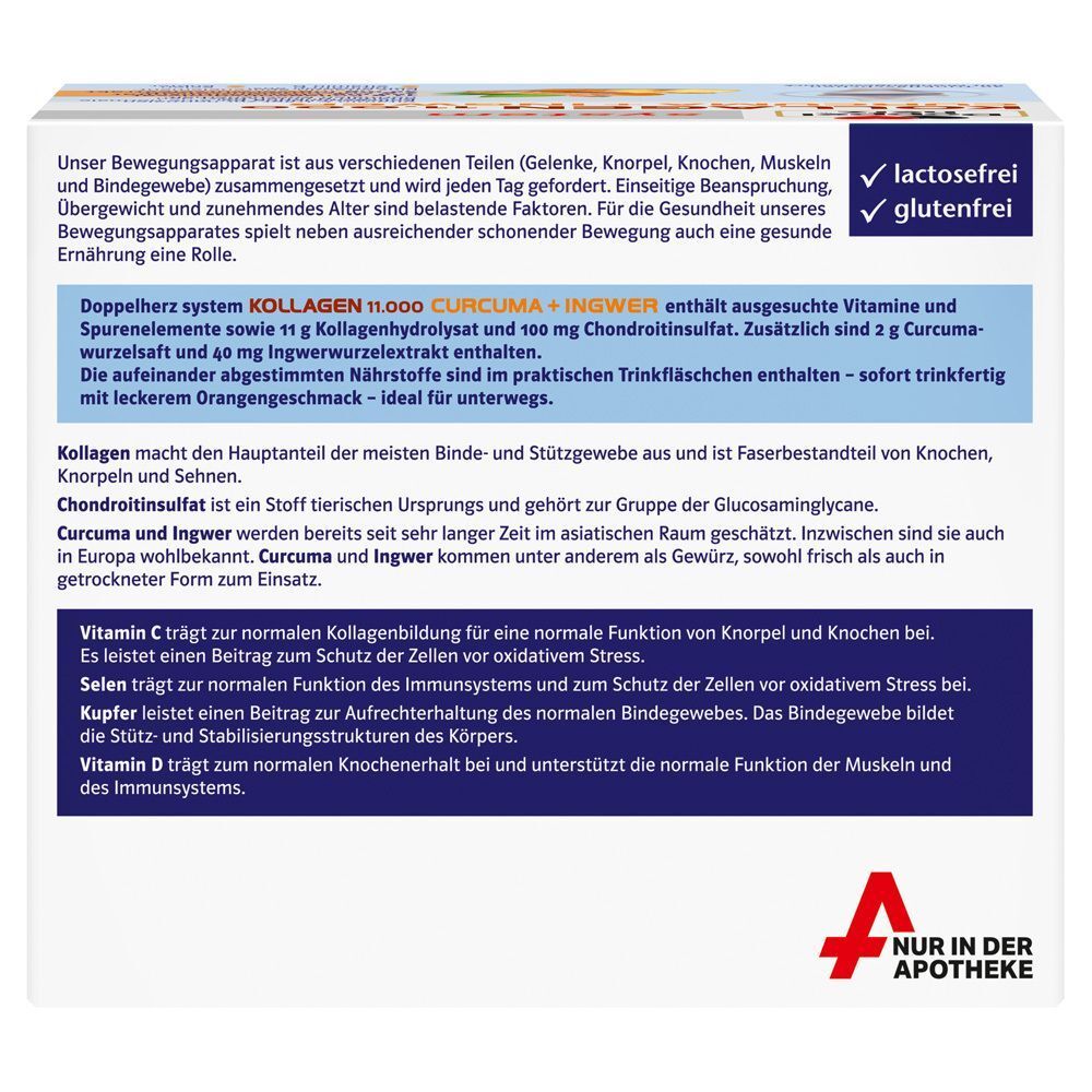 Rückseite der Packung Doppelherz system KOLLAGEN 11.000 CURCUMA + INGWER. Text über Inhaltsstoffe und Anwendung.