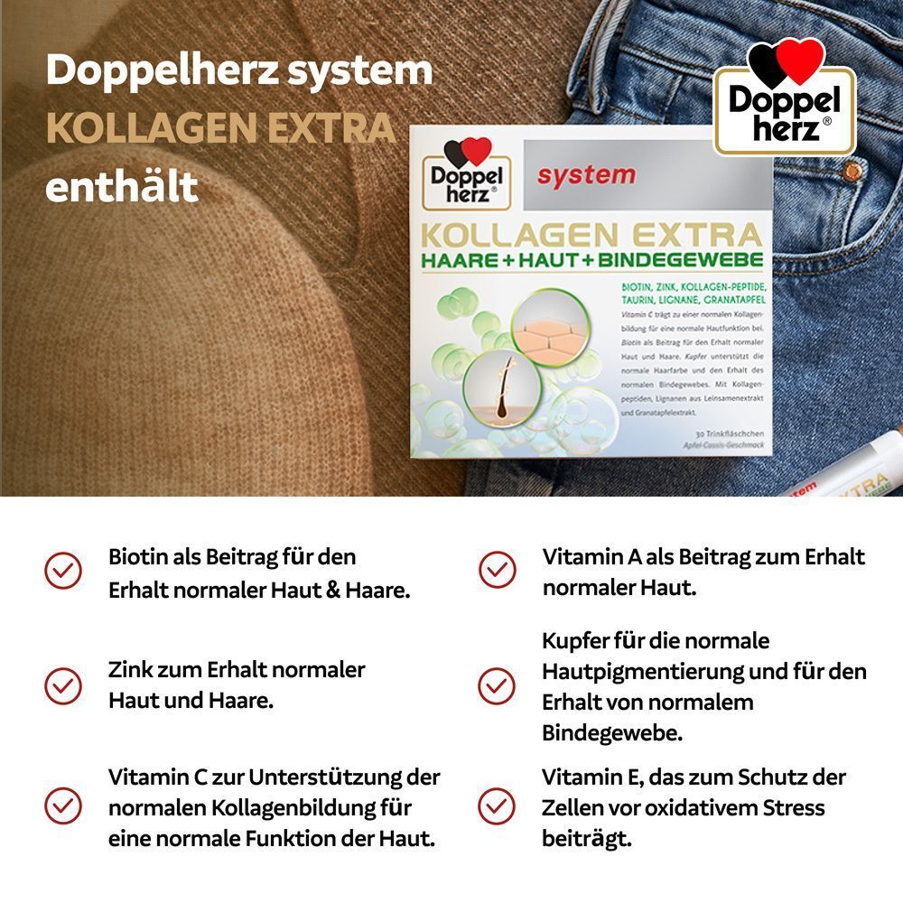 DOPPELHERZ Kollagen Extra System Trinkampullen. Eine Packung. Enthält Biotin, Zink, Vitamin C, Vitamin A, Kupfer, Vitamin E. Für Haut, Haare und Bindegewebe.