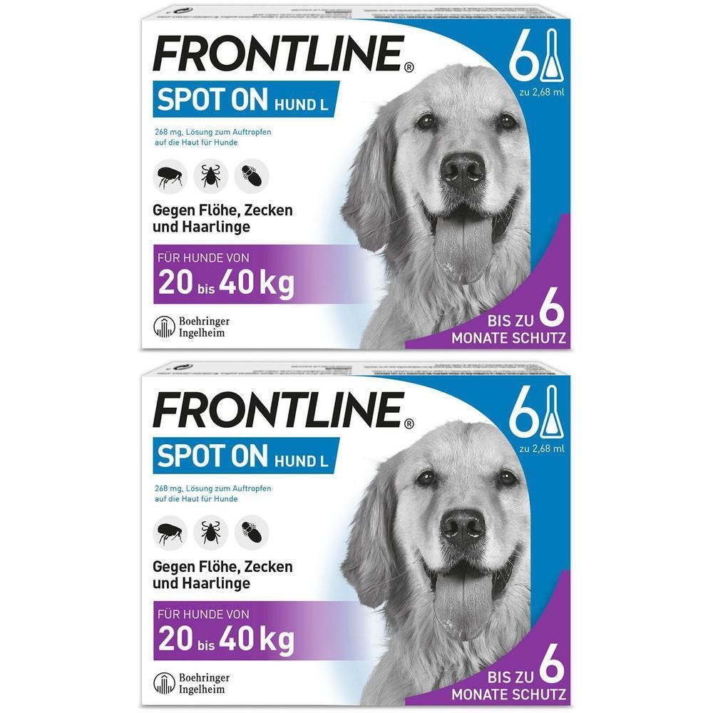 Zwei Packungen FRONTLINE® SPOT ON Hund L. Gegen Flöhe, Zecken und Haarlinge. Für Hunde von 20 bis 40 kg.