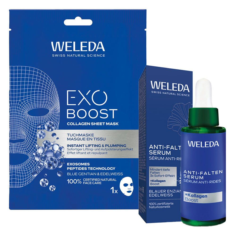 Weleda Anti-Falten Serum Blauer Enzian & Edelweiss + Exo Boost Tuchmaske Enz 1 St Set