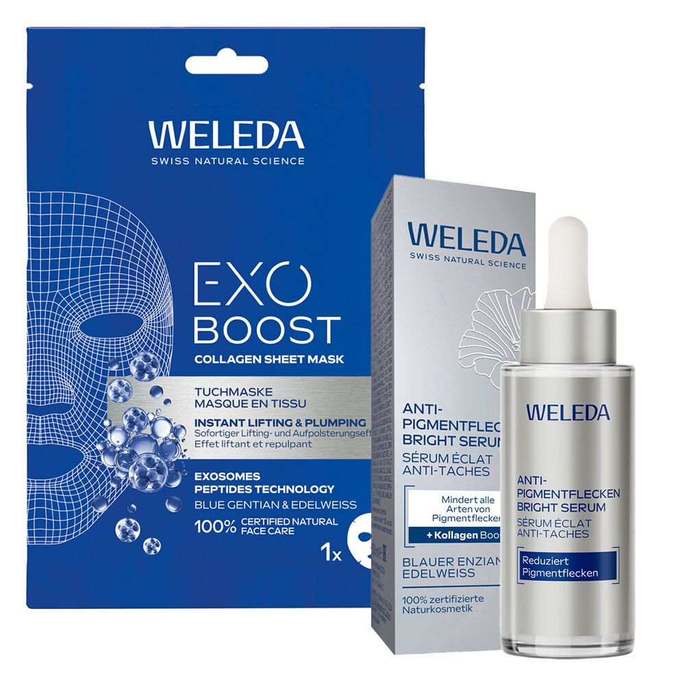 Weleda Anti-Pigmentflecken Serum mit Enzian & Edelweiß + Exo Boost Tuchmaske Blauer 1 St