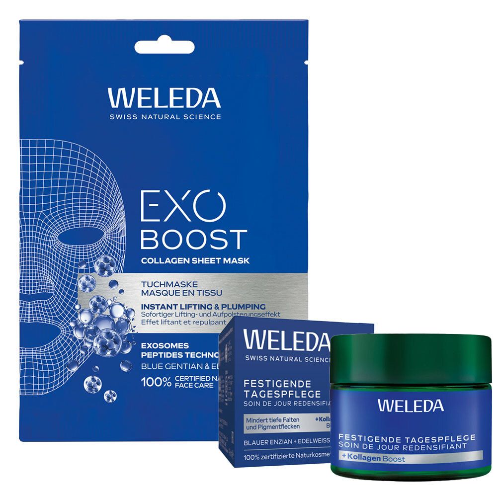 Weleda Festigende Tagespflege Blauer Enzian & Edelweiss + Exo Boost Tuchmaske Blaue 1 St Set