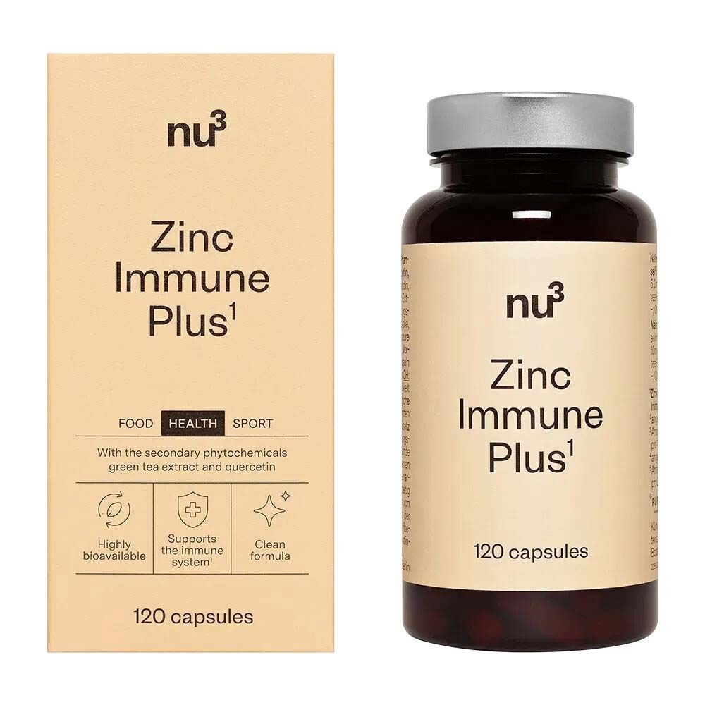 Braune Flasche und Karton mit „nu3 Zinc Immune Plus“. 120 Kapseln. Auf dem Karton: Food, Health, Sport.