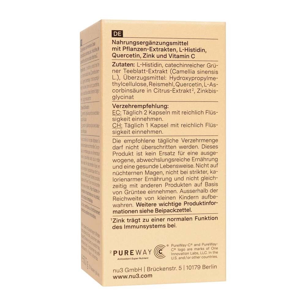 Rückseite der Verpackung von „nu3 Zinc Immune Plus“. Enthält Inhaltsstoffe, Anwendungshinweise und Warnhinweise.