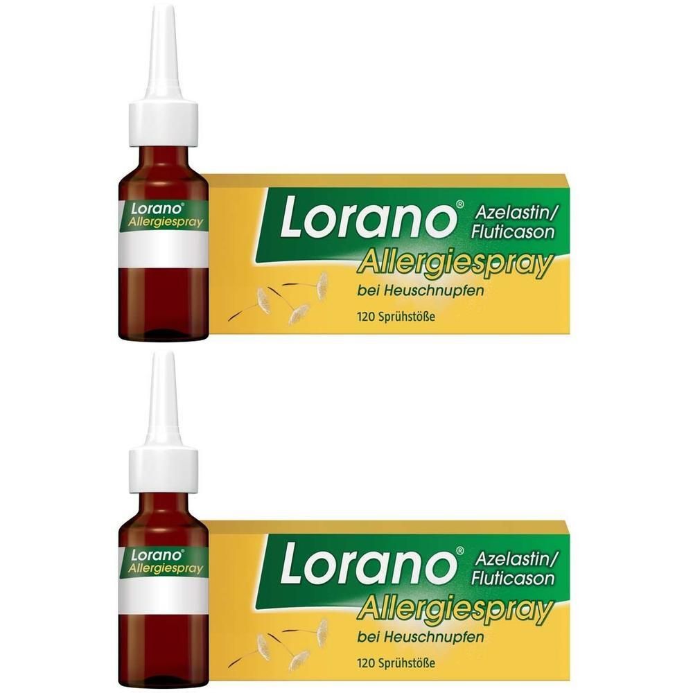Zwei Flaschen und zwei Packungen Lorano Allergiespray. Aufschrift: Azelastin/Fluticason, bei Heuschnupfen, 120 Sprühstöße.