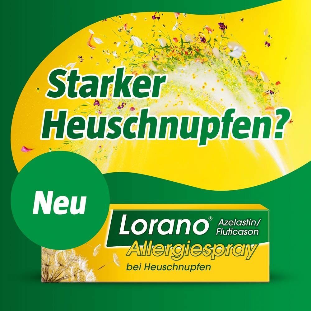 Werbung für Lorano Allergiespray. Text: Starker Heuschnupfen? Neu. Packung Lorano Allergiespray.