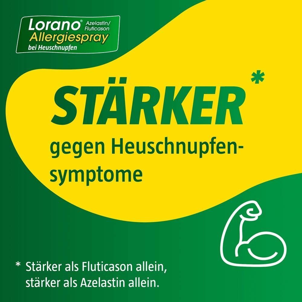 Werbung für Lorano Allergiespray. Text: STÄRKER gegen Heuschnupfensymptome. Muskel-Symbol.