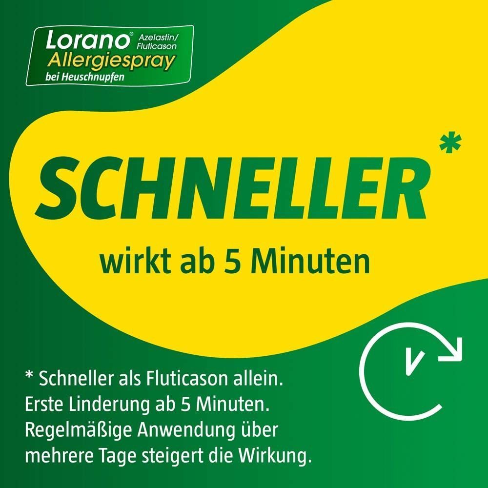 Werbung für Lorano Allergiespray. Text: SCHNELLER wirkt ab 5 Minuten. Uhr-Symbol.
