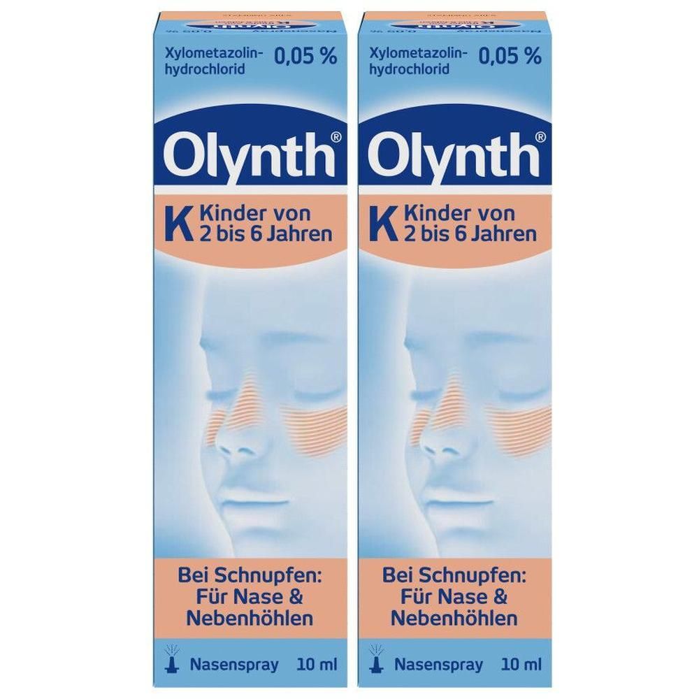 Zwei Packungen Olynth® K 0,05 % Schnupfen Dosierspray für Kinder. Aufschrift: Kinder von 2 bis 6 Jahren. Bei Schnupfen: Für Nase & Nebenhöhlen.