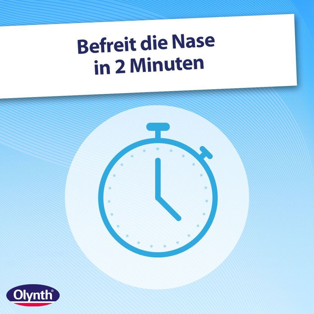 Uhr zeigt 5 Uhr. Aufschrift: Befreit die Nase in 2 Minuten. Olynth® Logo.
