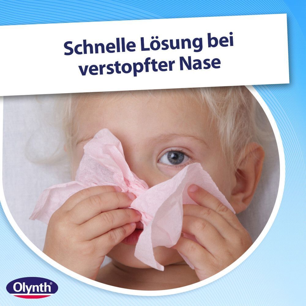 Kind mit Taschentuch. Aufschrift: Schnelle Lösung bei verstopfter Nase. Olynth® Logo.