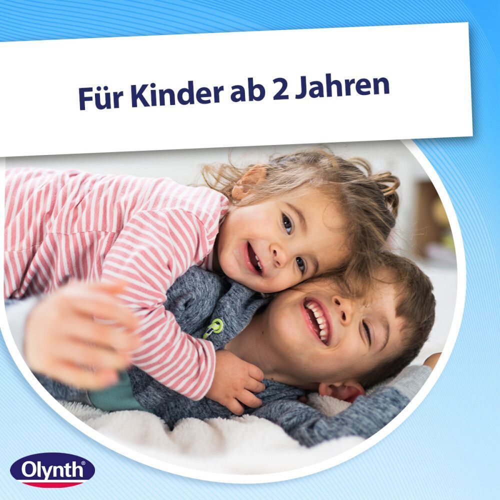 Zwei Kinder umarmen sich. Aufschrift: Für Kinder ab 2 Jahren. Olynth® Logo.
