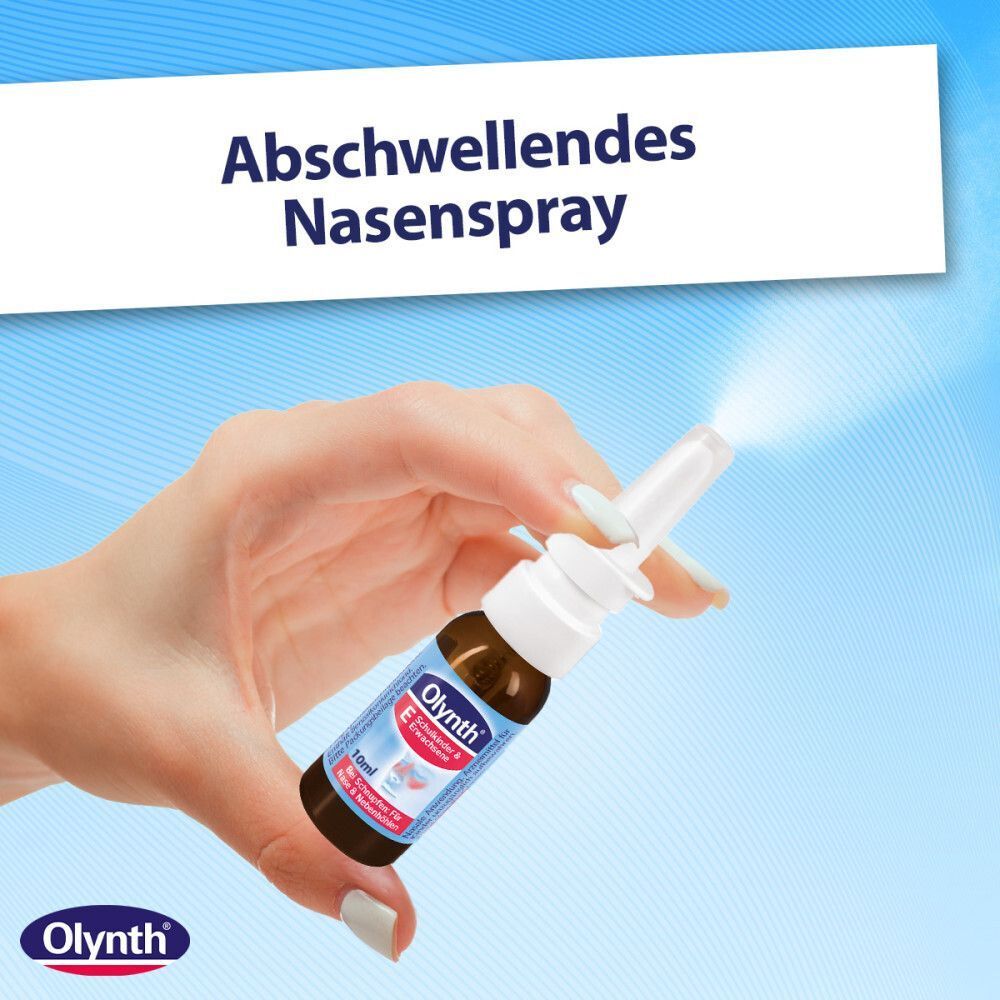 Hand hält eine Nasenspray-Flasche. Aufschrift: Olynth E, 10 ml. Text: Abschwellendes Nasenspray.