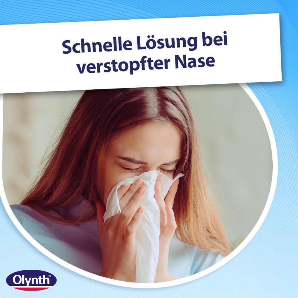 Frau putzt sich die Nase. Text: Schnelle Lösung bei verstopfter Nase. Olynth Logo.