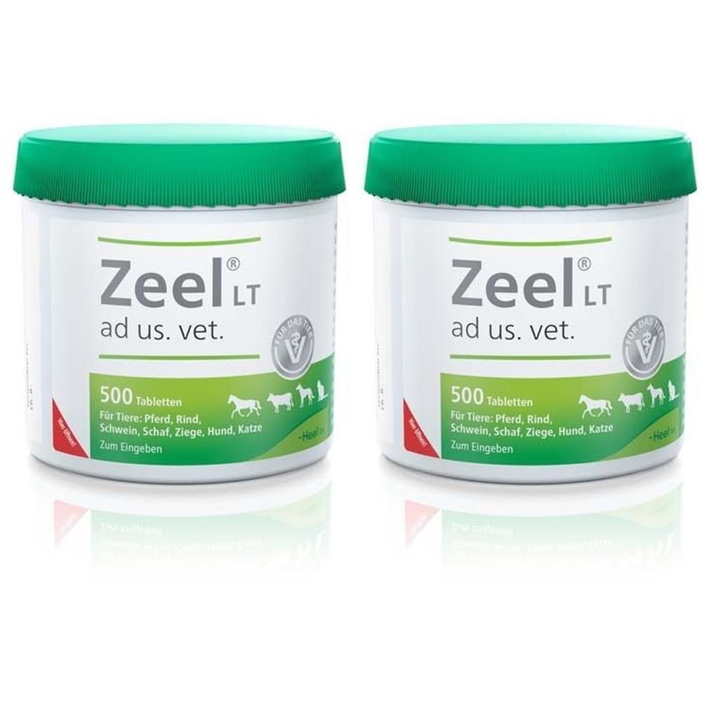 Zwei weiße Dosen mit grünem Deckel. Aufschrift: Zeel LT ad us. vet. 500 Tabletten. Für Pferde, Rind, Schwein, Schaf, Ziege, Hund, Katze.