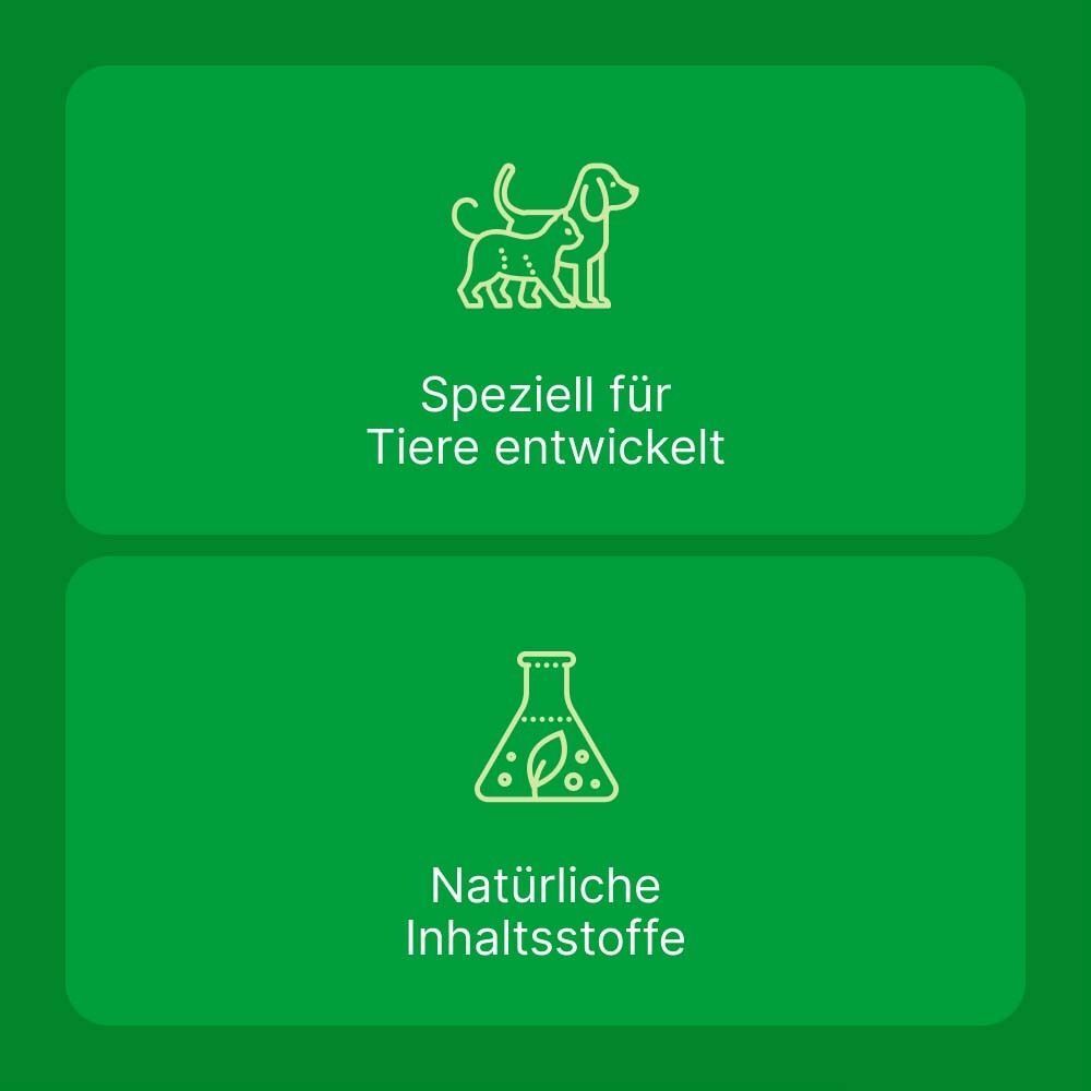 Zwei grüne Felder mit weißen Symbolen und Text. Oben: Speziell für Tiere entwickelt. Unten: Natürliche Inhaltsstoffe.