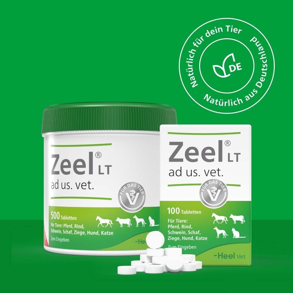 Eine Dose und eine Schachtel mit Tabletten. Aufschrift: Zeel LT ad us. vet. 500 Tabletten und 100 Tabletten. Siegel: Für das Tier.