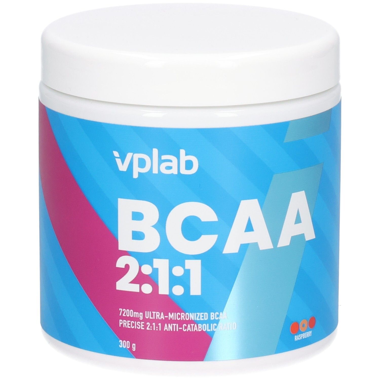 Weißer Behälter mit blau-rosa Etikett. Aufschrift: BCAA 2:1:1, vplab. Enthält 300g. Himbeer-Aroma.