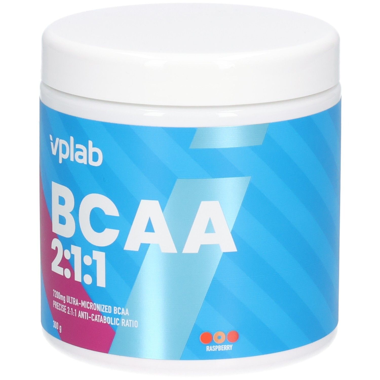 Weißer Behälter mit blau-rosa Etikett. Aufschrift: BCAA 2:1:1, vplab. Enthält 300g. Himbeer-Aroma.