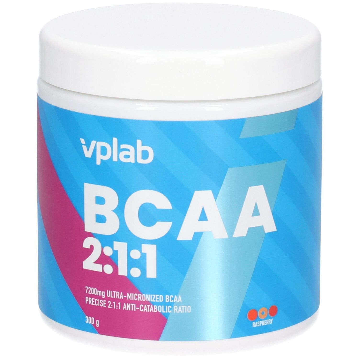 Weißer Behälter mit blau-rosa Etikett. Aufschrift: BCAA 2:1:1, vplab. Enthält 300g. Himbeer-Aroma.