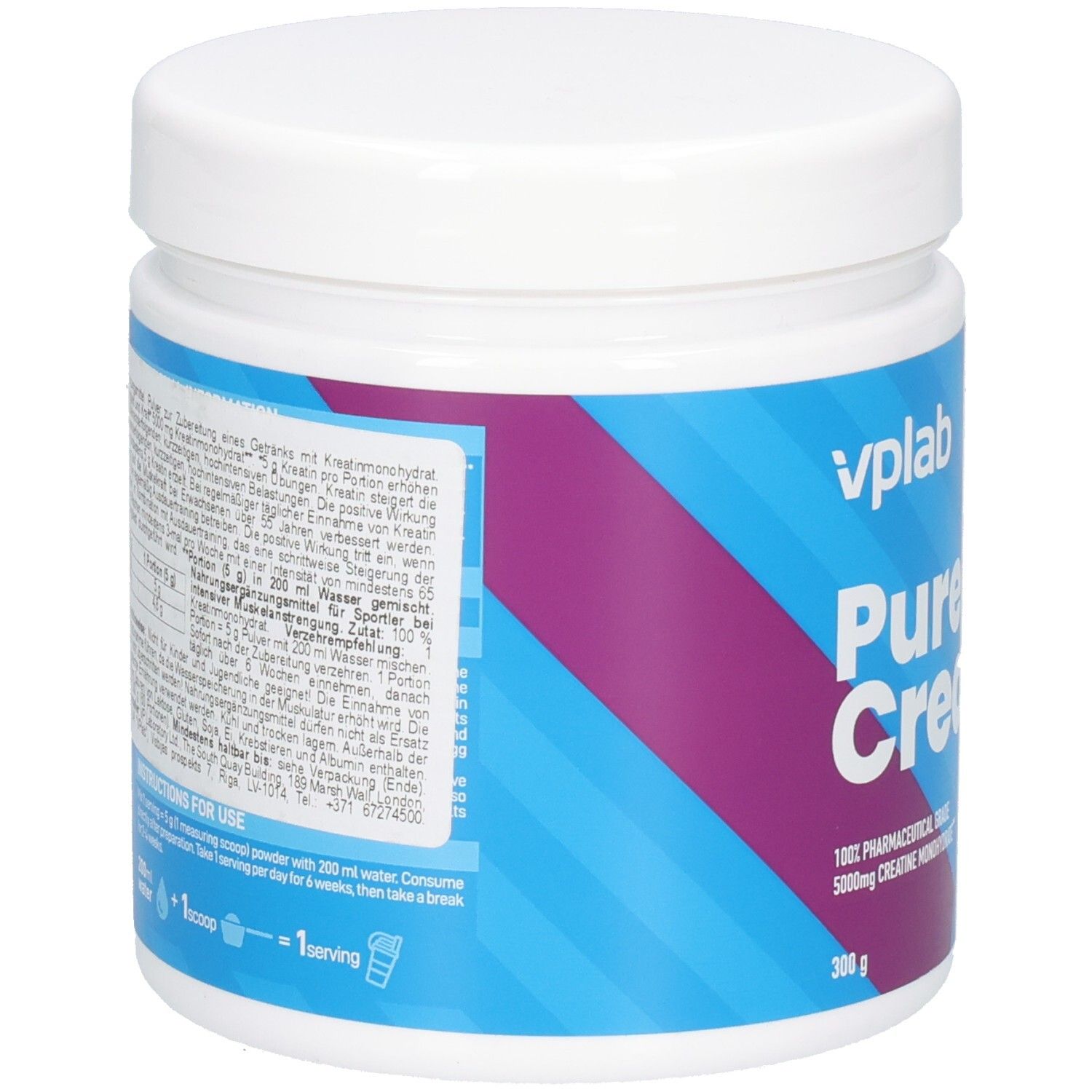Rückseite des weißen Supplement-Behälters. Text in mehreren Sprachen. Aufschrift: vplab Pure Creatine. 300g. Anweisungen.