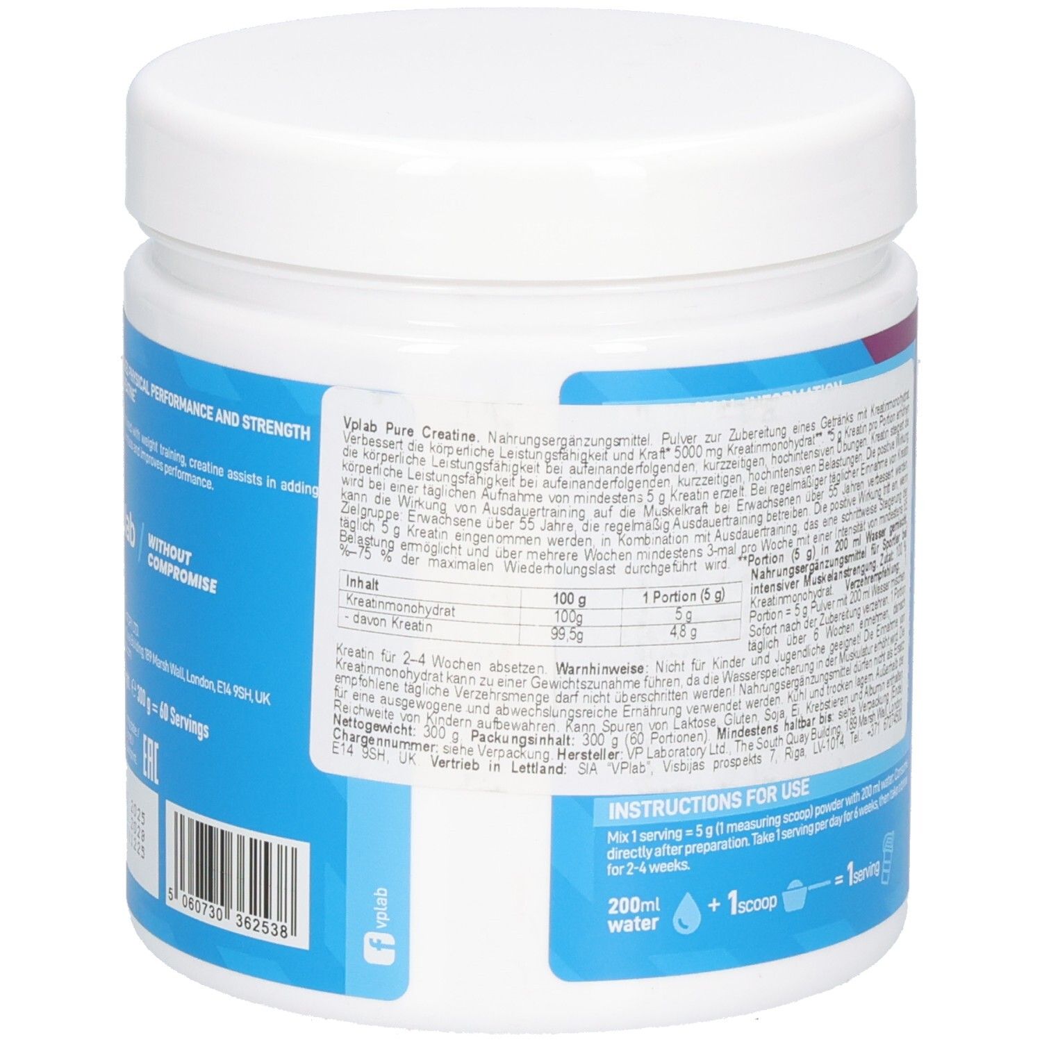 Rückseite des weißen Supplement-Behälters. Text in mehreren Sprachen. Aufschrift: vplab Pure Creatine. 300g. Nährwertangaben.
