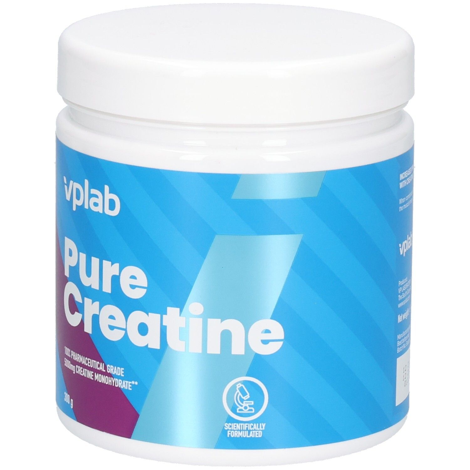 Weißes Supplement-Behälter mit blau-lila Etikett. Aufschrift: vplab Pure Creatine. 300g. Pharmazeutische Qualität.