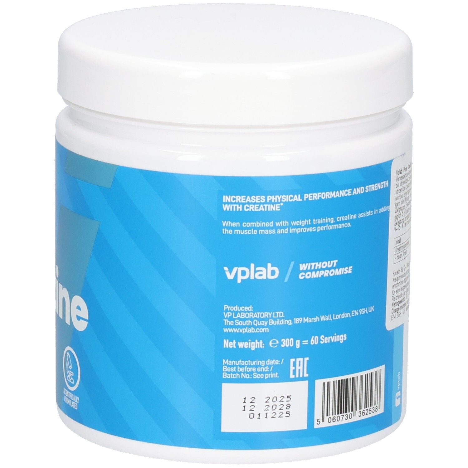 Rückseite des weißen Supplement-Behälters. Text in mehreren Sprachen. Aufschrift: vplab Pure Creatine. 300g. Haltbarkeitsdatum.