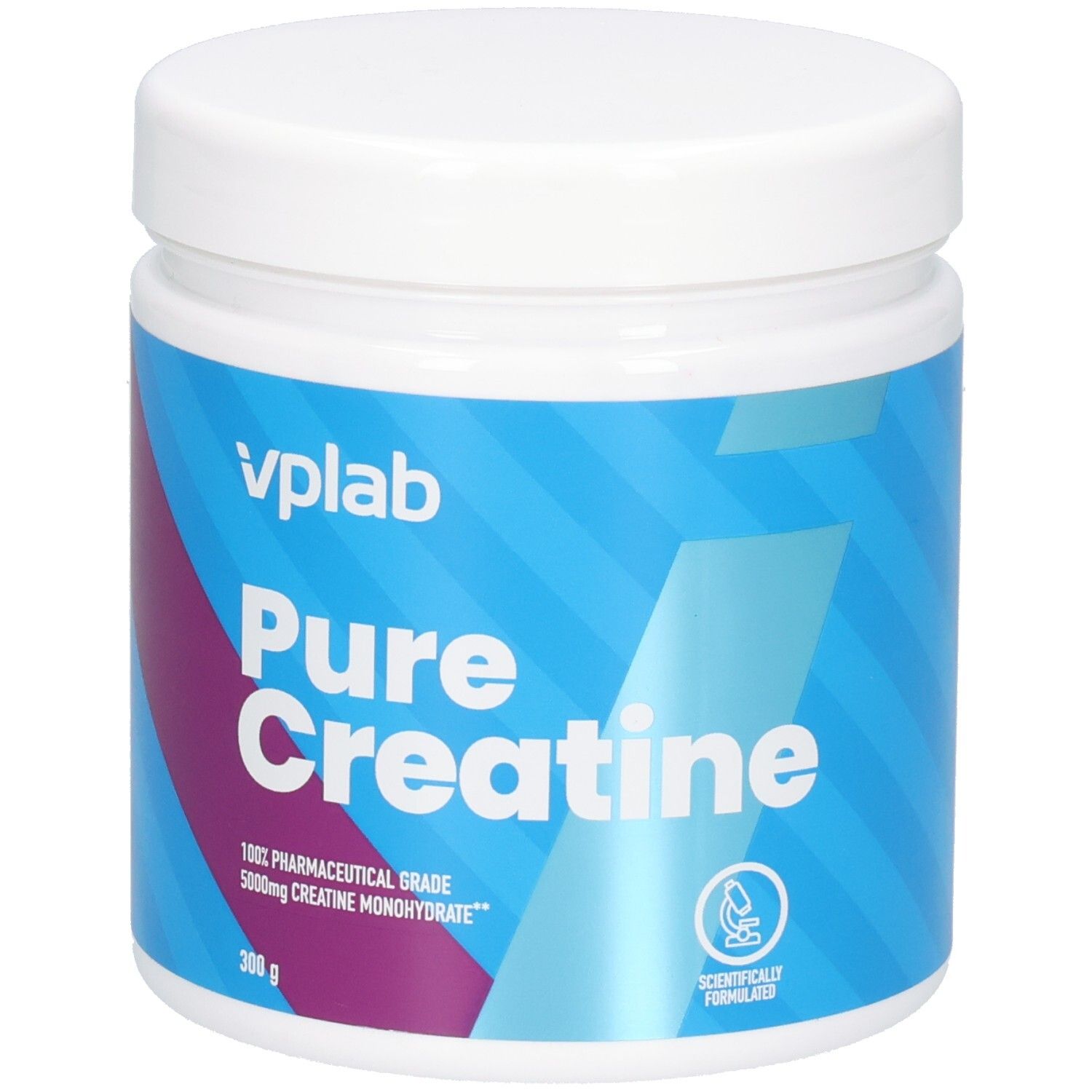 Weißes Supplement-Behälter mit blau-lila Etikett. Aufschrift: vplab Pure Creatine. 300g. Pharmazeutische Qualität.