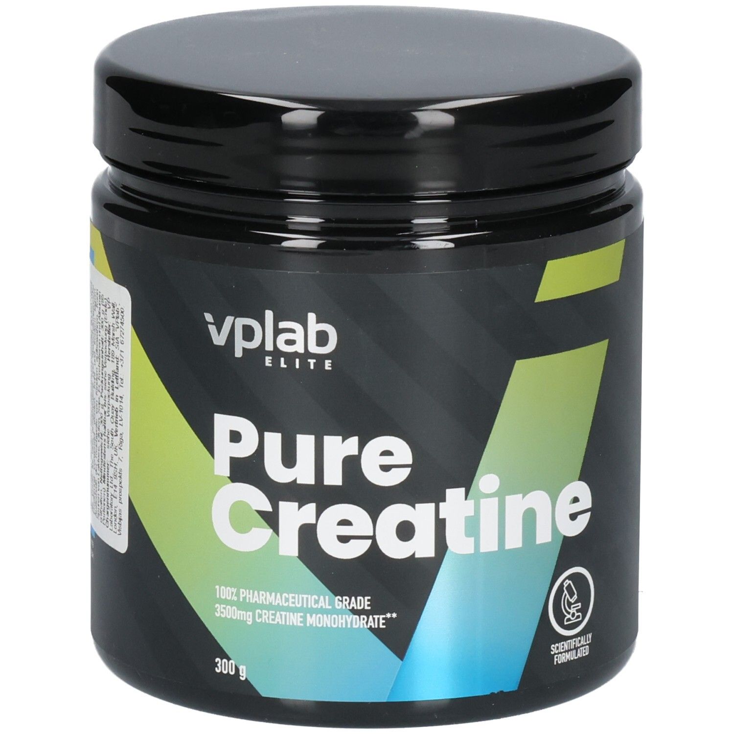 Schwarze Dose mit Deckel. Aufschrift: vplab Elite Pure Creatine. 300g. Grün-gelbe Akzente. Aufdruck: 100% Pharmaceutical Grade.