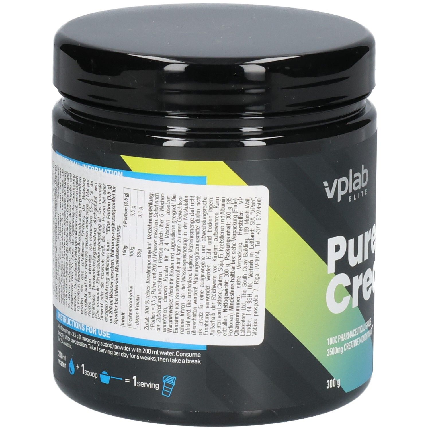 Schwarze Dose mit Deckel. Aufschrift: vplab Elite Pure Creatine. Rückseite mit Text und Nährwertangaben. 300g. Bedienungsanleitung.