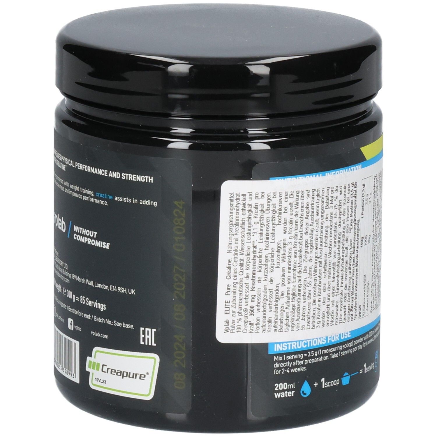 Schwarze Dose mit Deckel. Aufschrift: vplab Elite Pure Creatine. Rückseite mit Text und Creapure-Logo. 300g. Haltbarkeitsdatum.