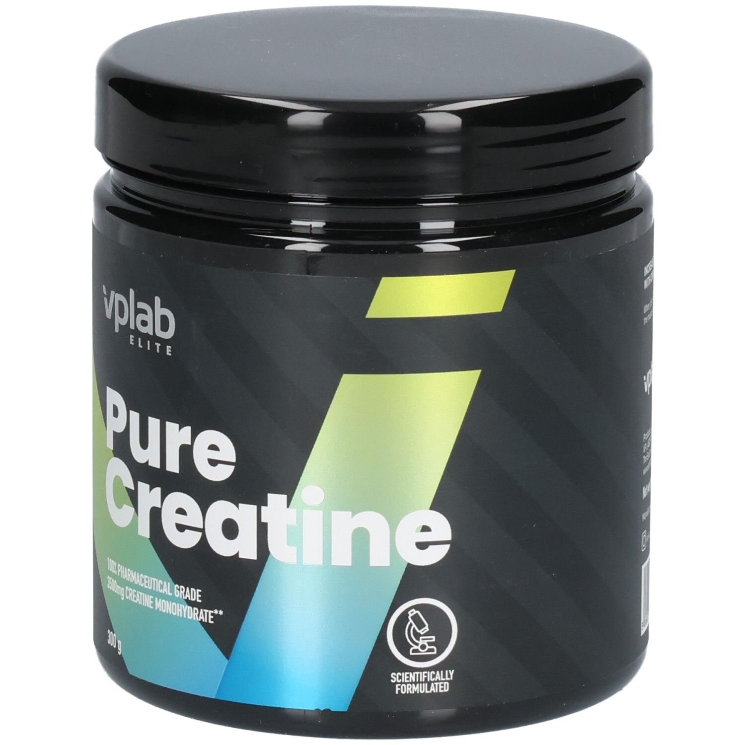 Schwarze Dose mit Deckel. Aufschrift: vplab Elite Pure Creatine. 300g. Grün-gelbe Akzente. Aufdruck: 100% Pharmaceutical Grade.